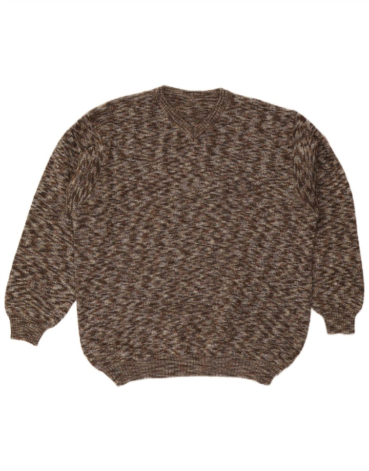 Suéter masculino VINTAGE com decote em V grande lã manchada marrom