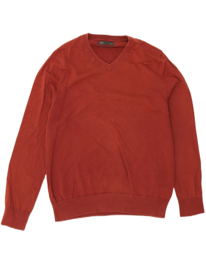 Suéter masculino Marks & Spencer com decote em V grande algodão marrom