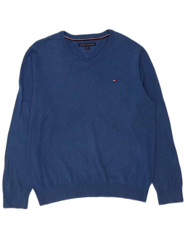 Suéter masculino Tommy Hilfiger com decote em V grande algodão azul