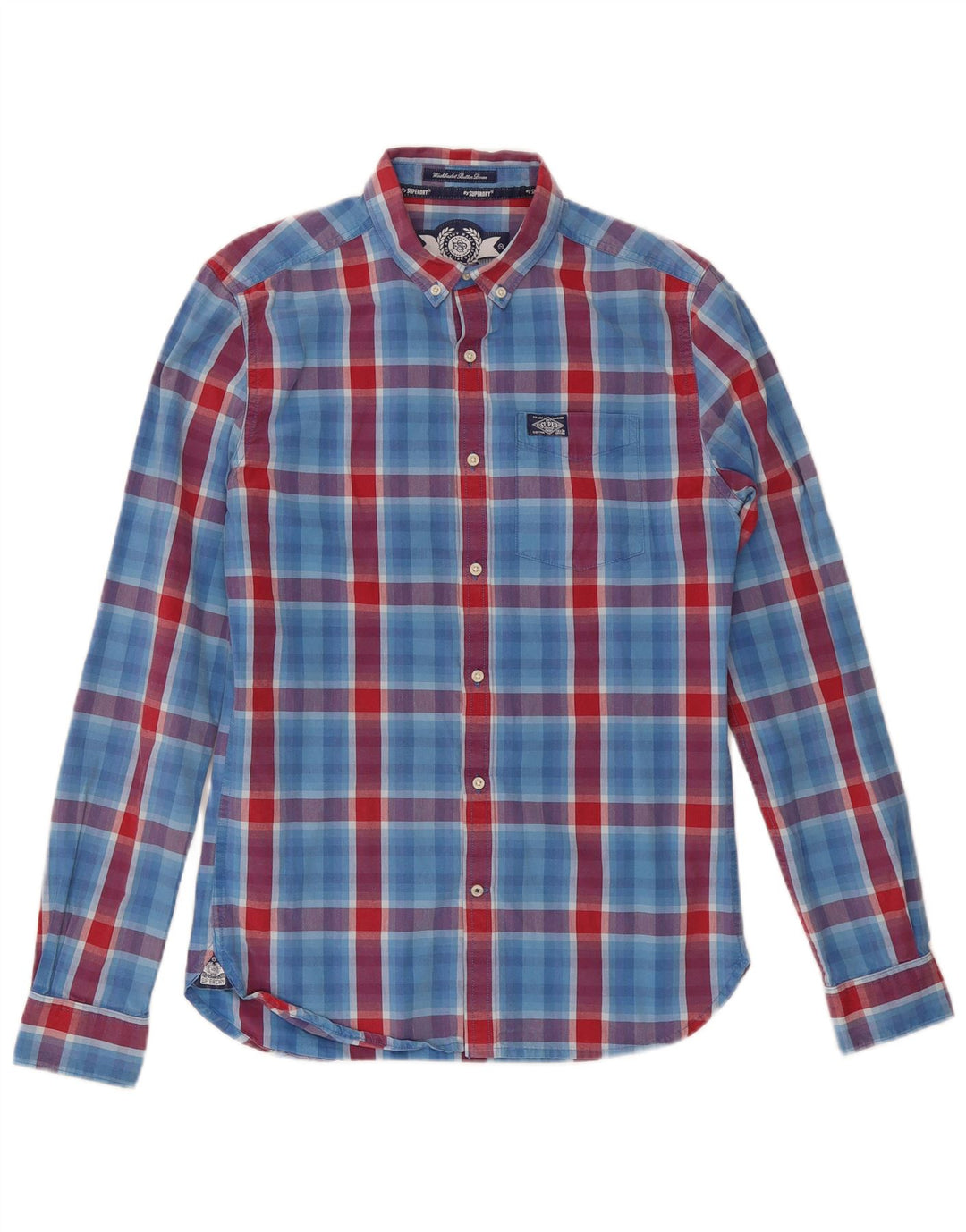 Camisa masculina Superdry pequena xadrez azul algodão
