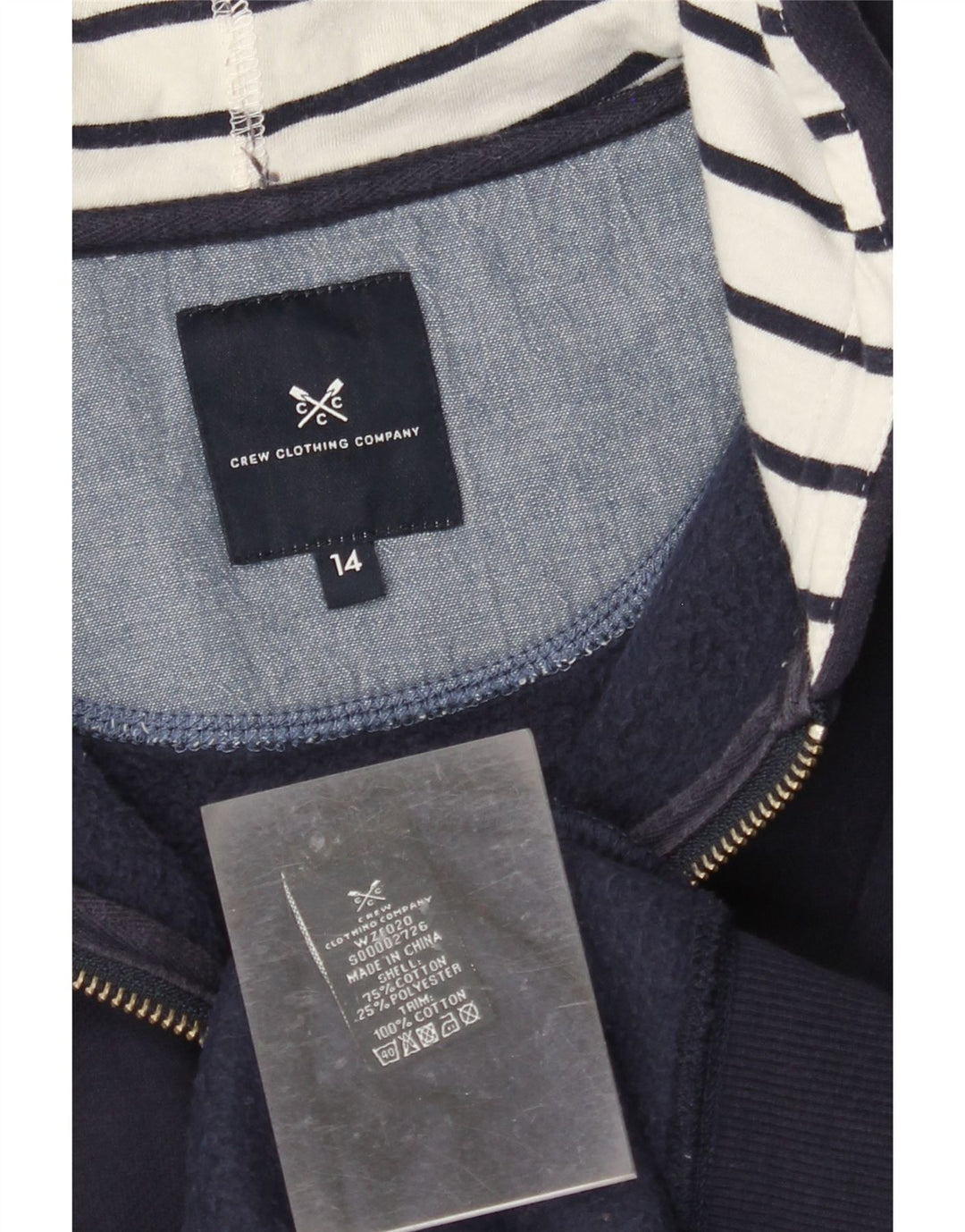 Suéter feminino com capuz e zíper CREW CLOTHING Reino Unido 14 grande algodão azul marinho