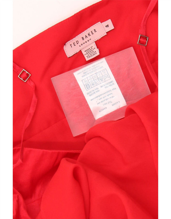 Vestido feminino Ted Baker sem mangas evasê tamanho 4 grande seda vermelha
