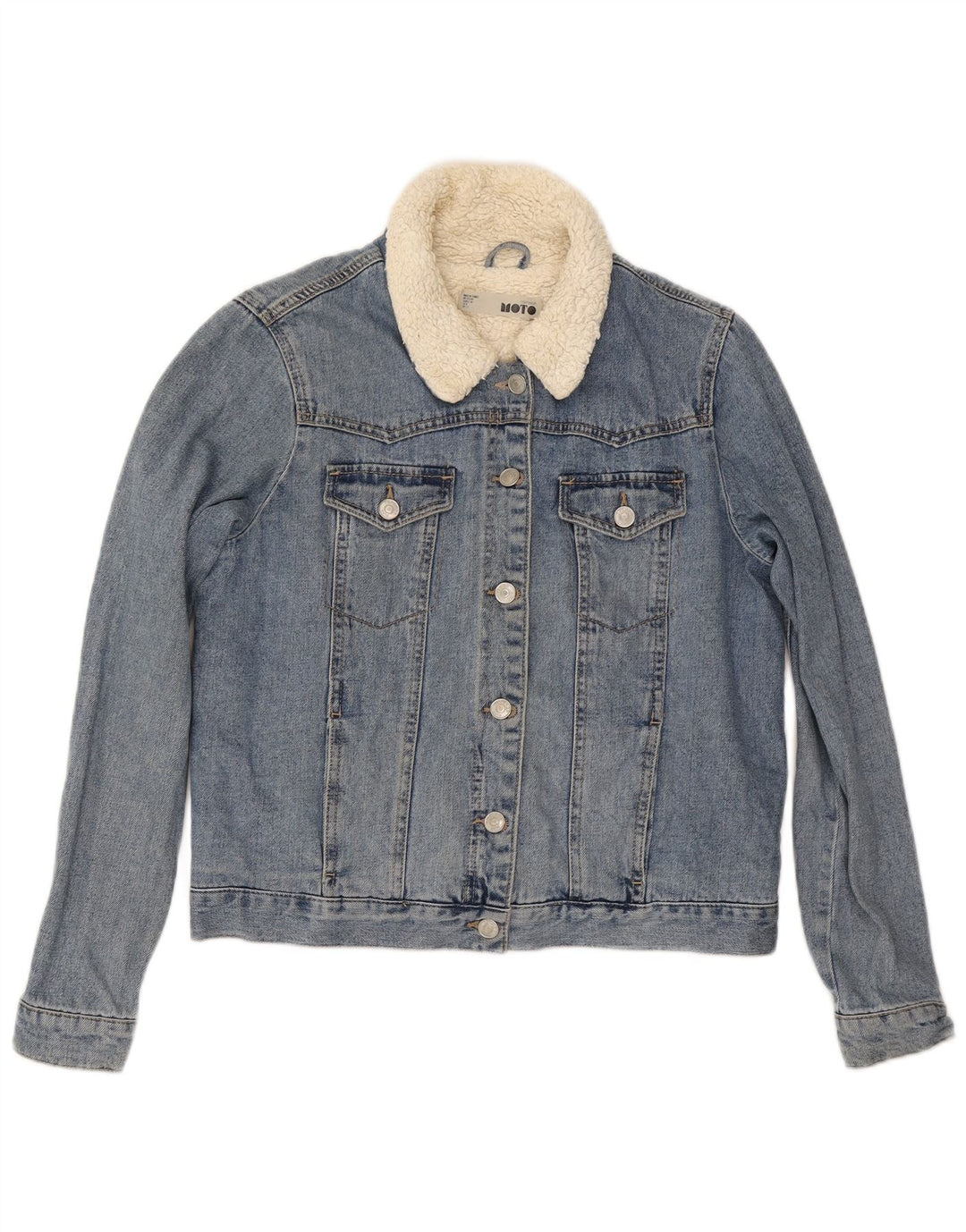 Jaqueta jeans Sherpa feminina Topshop Reino Unido 12 algodão azul médio