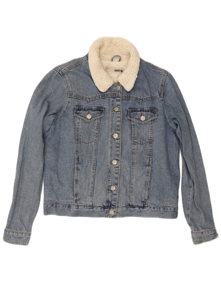Jaqueta jeans Sherpa feminina Topshop Reino Unido 12 algodão azul médio