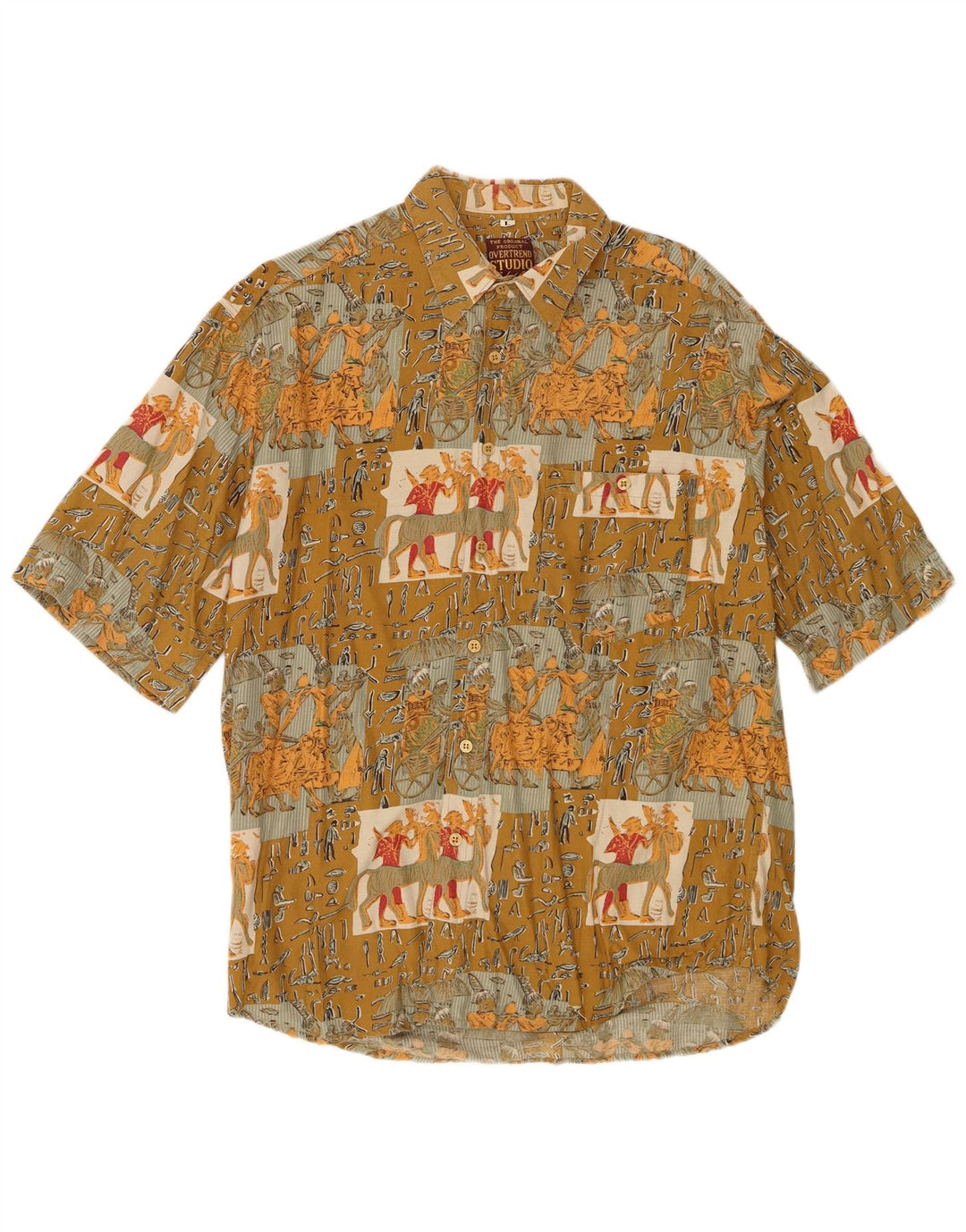 Camisa masculina vintage de manga curta grande cáqui patchwork viscose