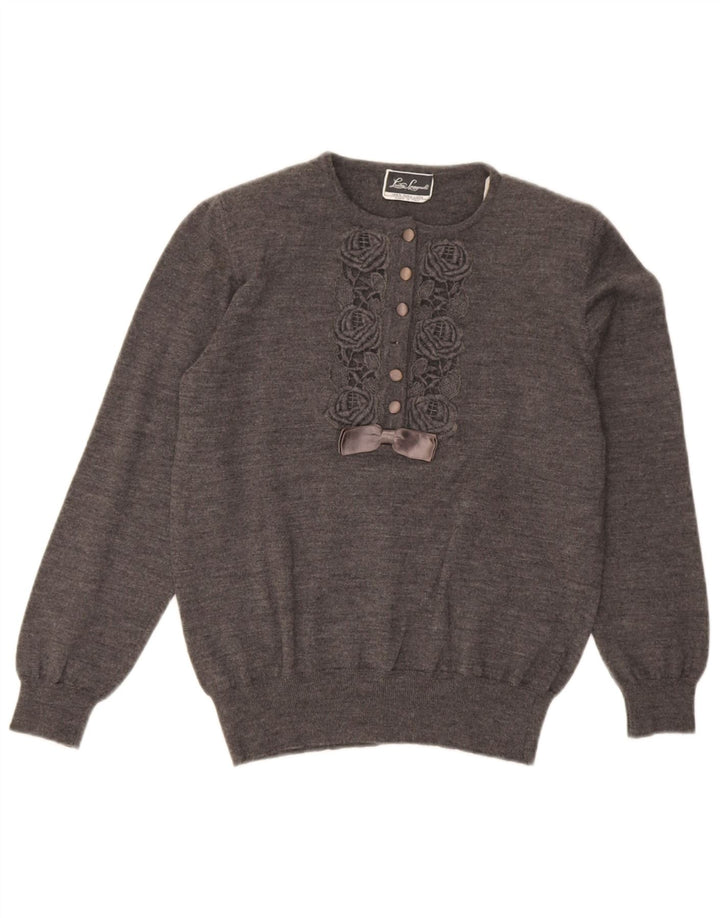 Suéter feminino Luisa Spagnoli com gola redonda e botão UK 14 cinza médio floral