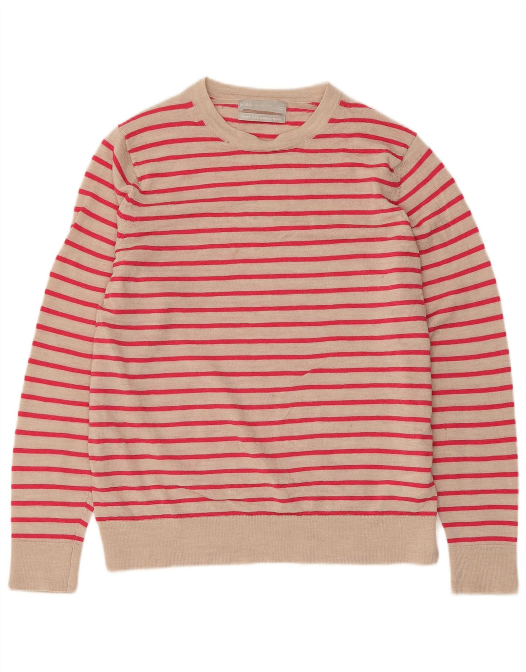 Suéter feminino Marks & Spencer com gola redonda UK 14 listrado bege médio