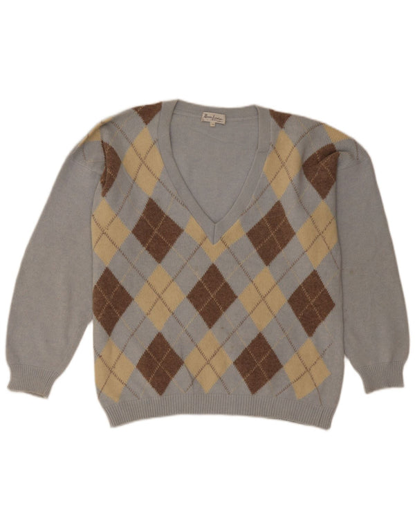 Suéter feminino vintage com decote em V UK 18 XL Azul Argyle/Diamante