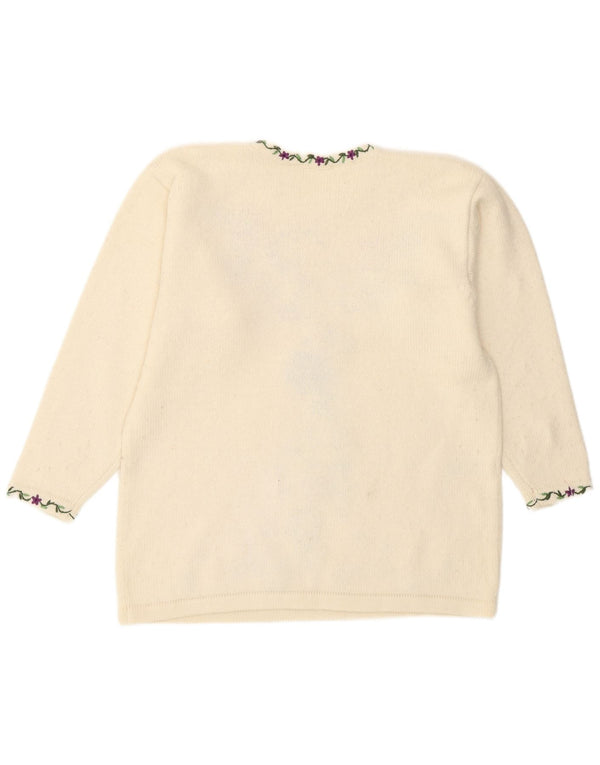 Suéter feminino vintage com gola redonda, Reino Unido 16, grande, branco, floral