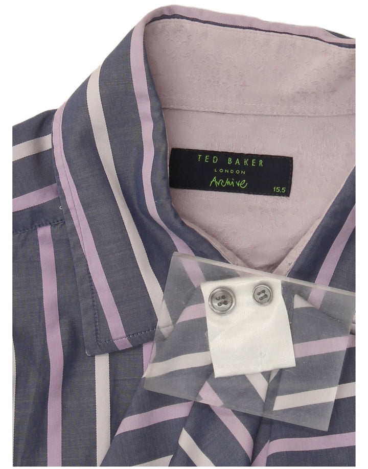 Camisa formal masculina Ted Baker tamanho 15 1/2 algodão listrado roxo médio