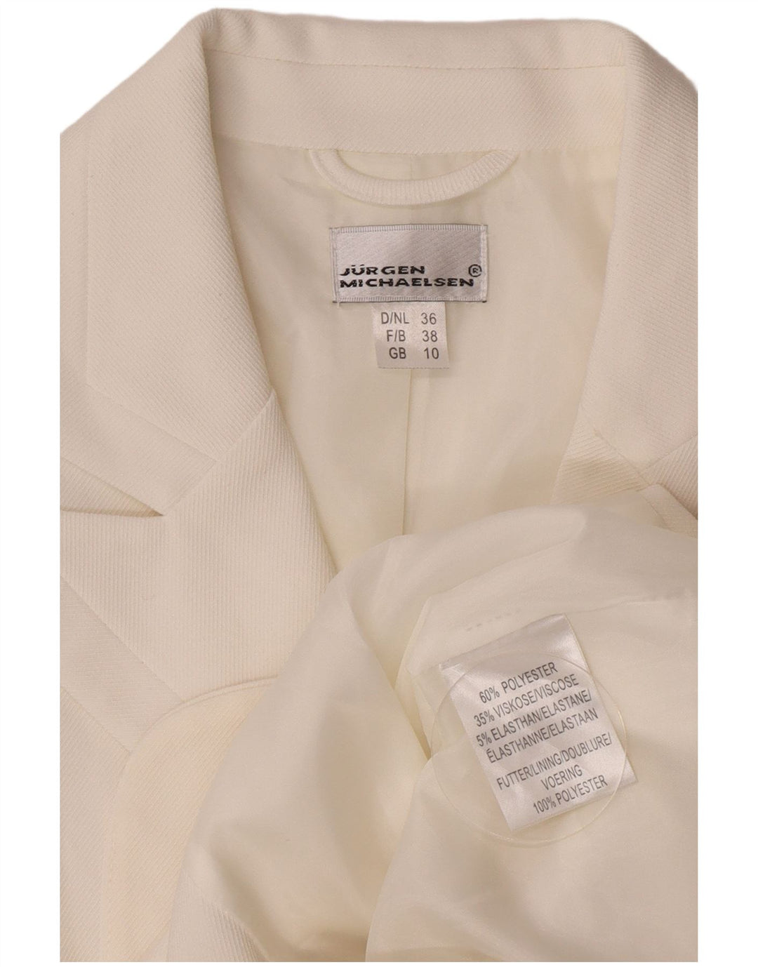 Jaqueta blazer feminina Jurgen Michaelsen com 3 botões Reino Unido 10 pequeno poliéster branco