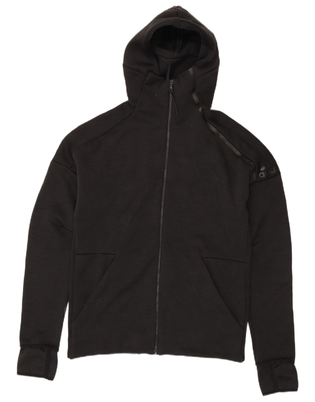 Adidas masculino zip moletom com capuz médio preto manchado de poliéster