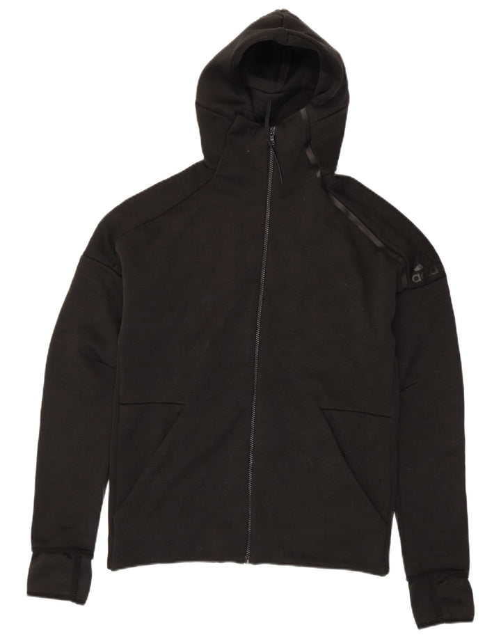 Adidas masculino zip moletom com capuz médio preto manchado de poliéster