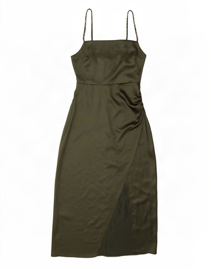 Vestido maxi feminino sem mangas Zara Reino Unido 10 pequeno poliéster verde