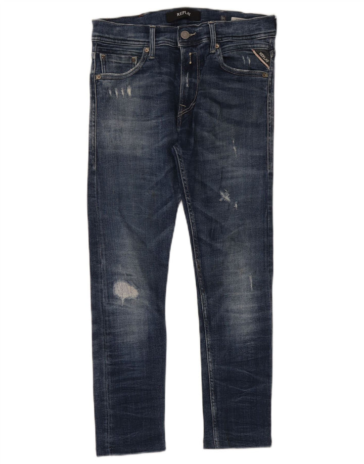 Replay Calça Jeans Feminina Crop Distressed Slim W30 L26 Azul