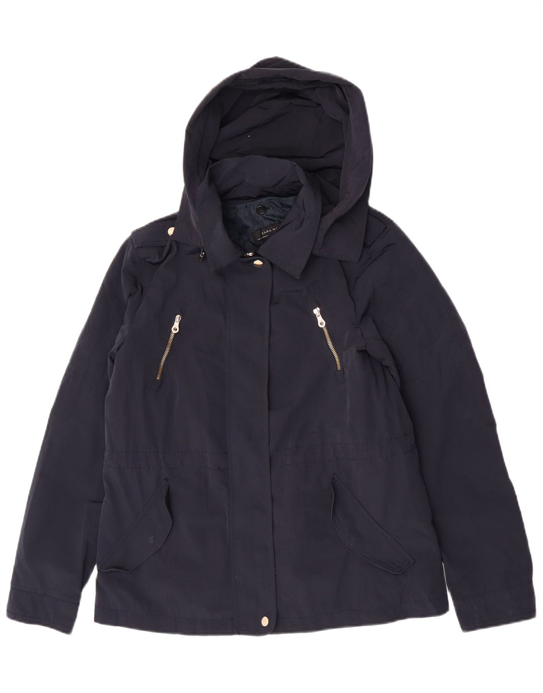 Jaqueta bomber militar com capuz feminino Zara Reino Unido 14 poliéster azul marinho médio