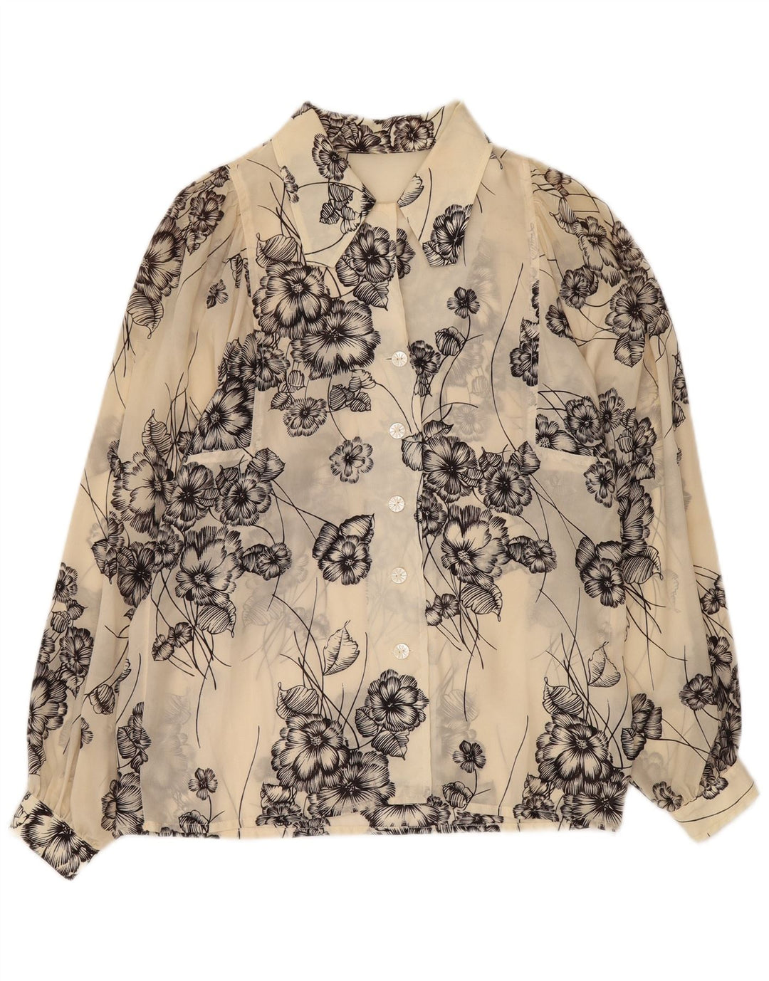 Blusa feminina VINTAGE transparente Reino Unido 12 médio off white floral