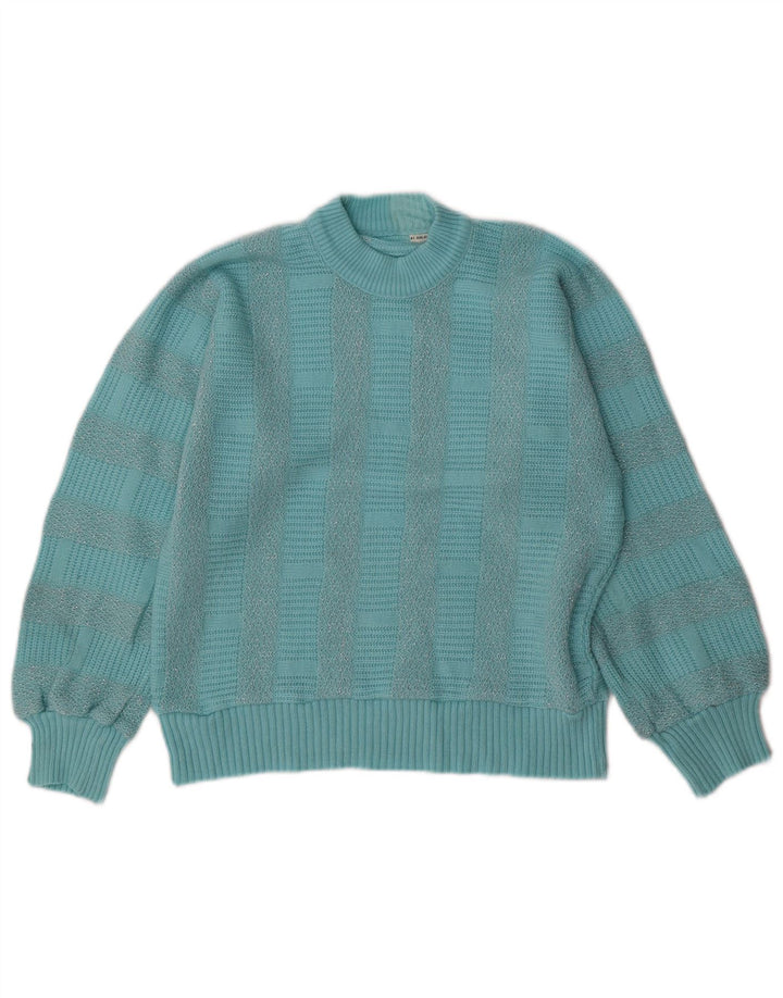 Suéter feminino VINTAGE com gola tartaruga UK 14 listrado azul médio