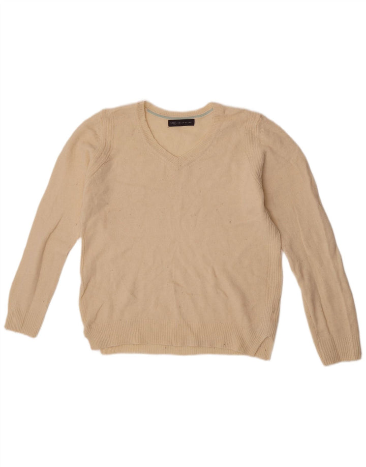 Suéter feminino Marks & Spencer com decote em V, médio, off white, lã