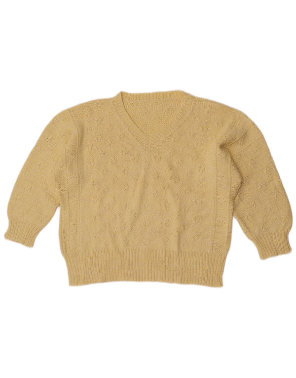 Suéter feminino vintage manga 3/4 com decote em V Reino Unido 16 grande amarelo