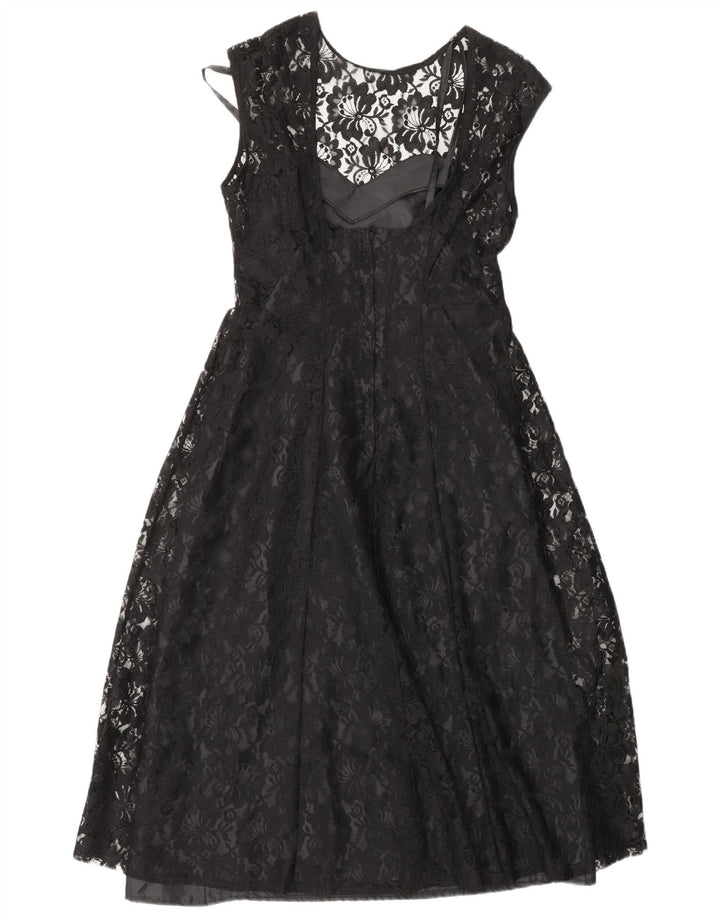 Vestido feminino clássico evasê UK 12 médio preto floral nylon