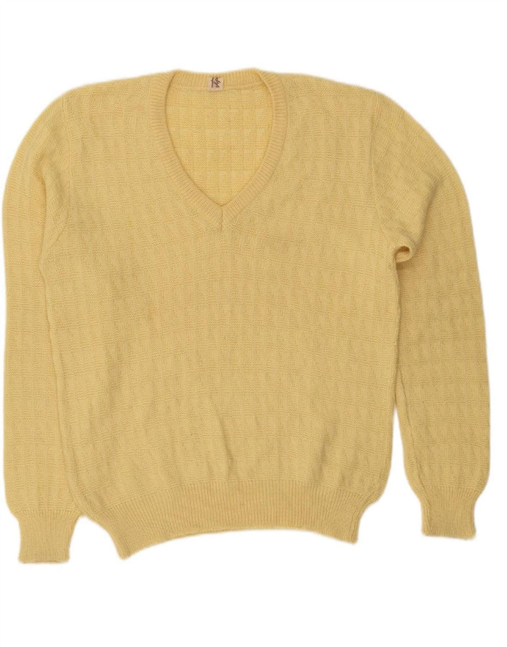 Suéter masculino VINTAGE com decote em V de lã amarela média