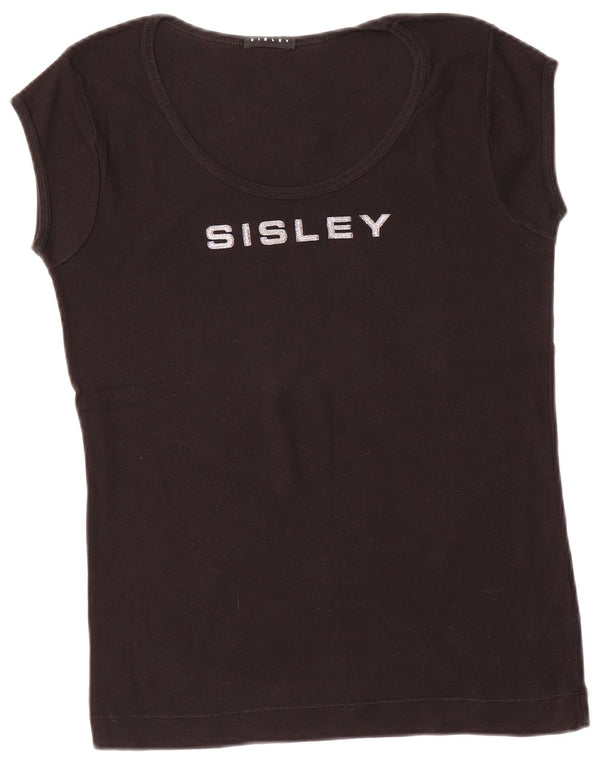 Camiseta feminina com estampa SISLEY UK 14 grande algodão preto