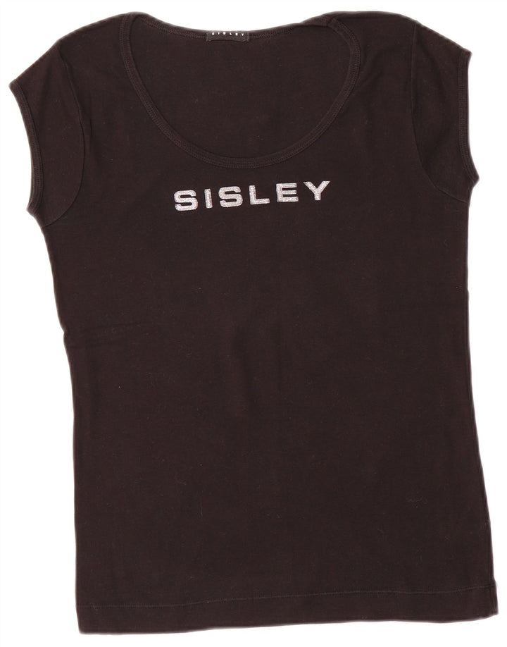 Camiseta feminina com estampa SISLEY UK 14 grande algodão preto