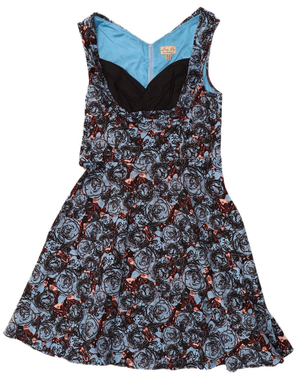Lindy bop vestido feminino sem mangas evasê UK 18 XL azul floral algodão