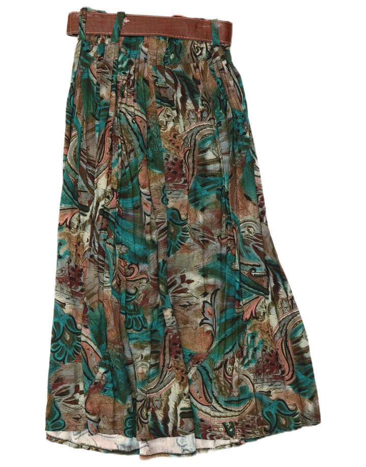 Saia larga feminina vintage com padrão abstrato W28 verde médio