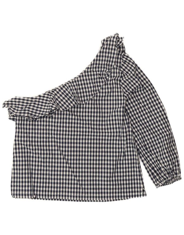 J. CREW Top feminino de um ombro EUA 8 algodão guingão azul marinho médio