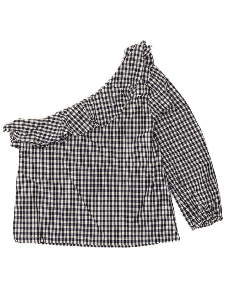 J. CREW Top feminino de um ombro EUA 8 algodão guingão azul marinho médio