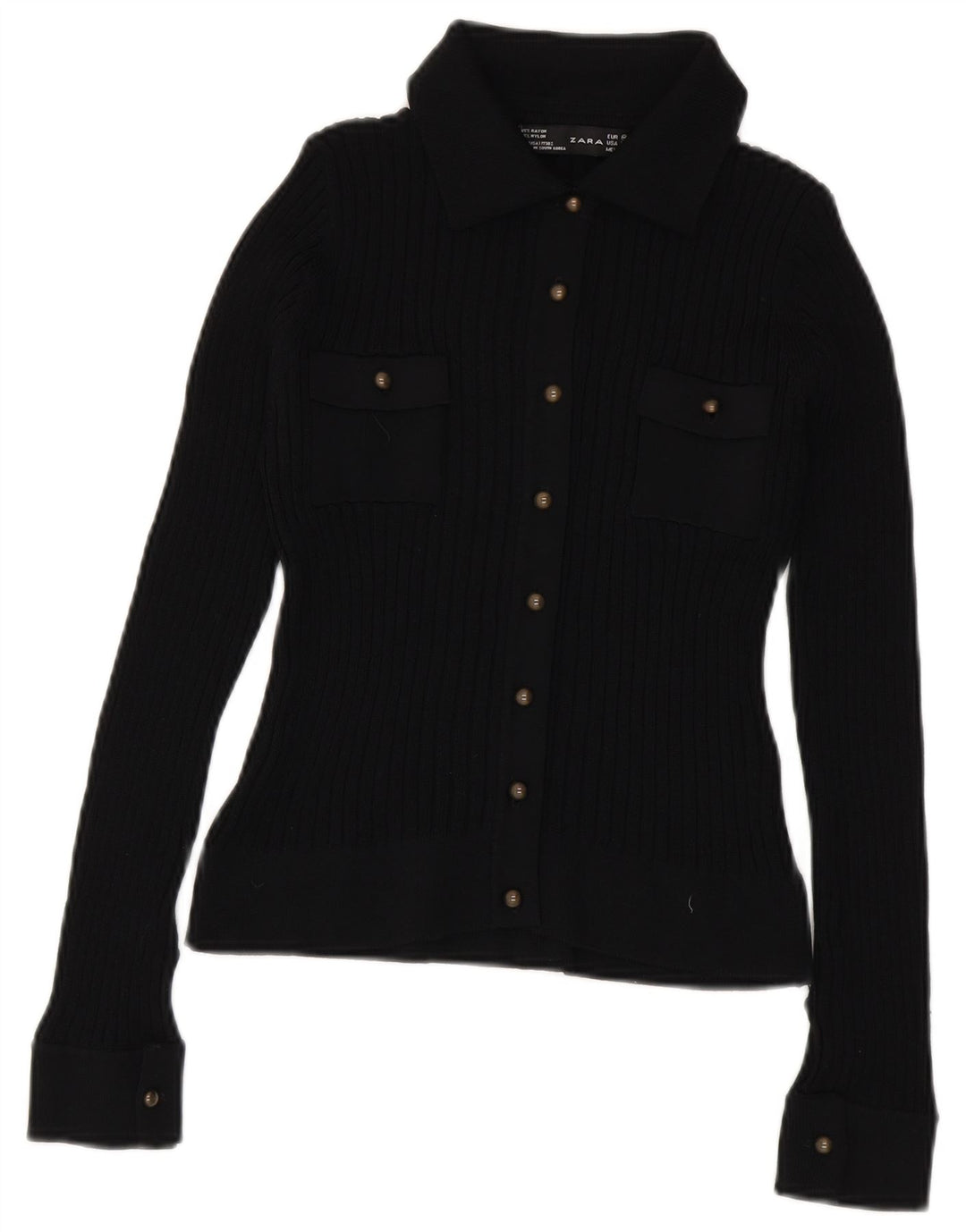 Blusa feminina Zara de malha cortada Reino Unido 12 médio preto rayon