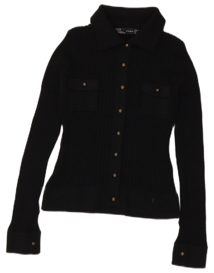 Blusa feminina Zara de malha cortada Reino Unido 12 médio preto rayon