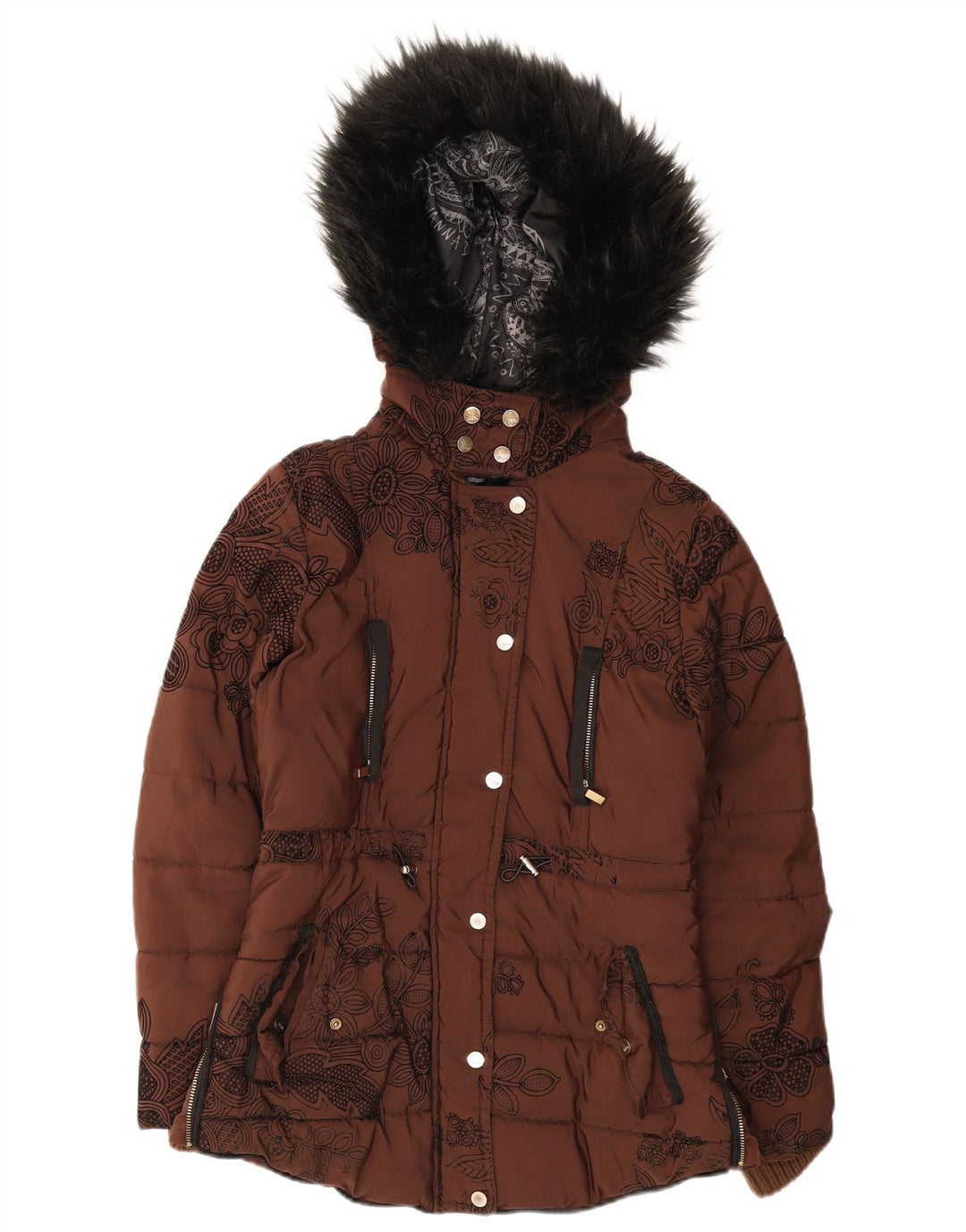 Jaqueta feminina acolchoada com capuz e capuz Desigual UE 36 pequena marrom floral