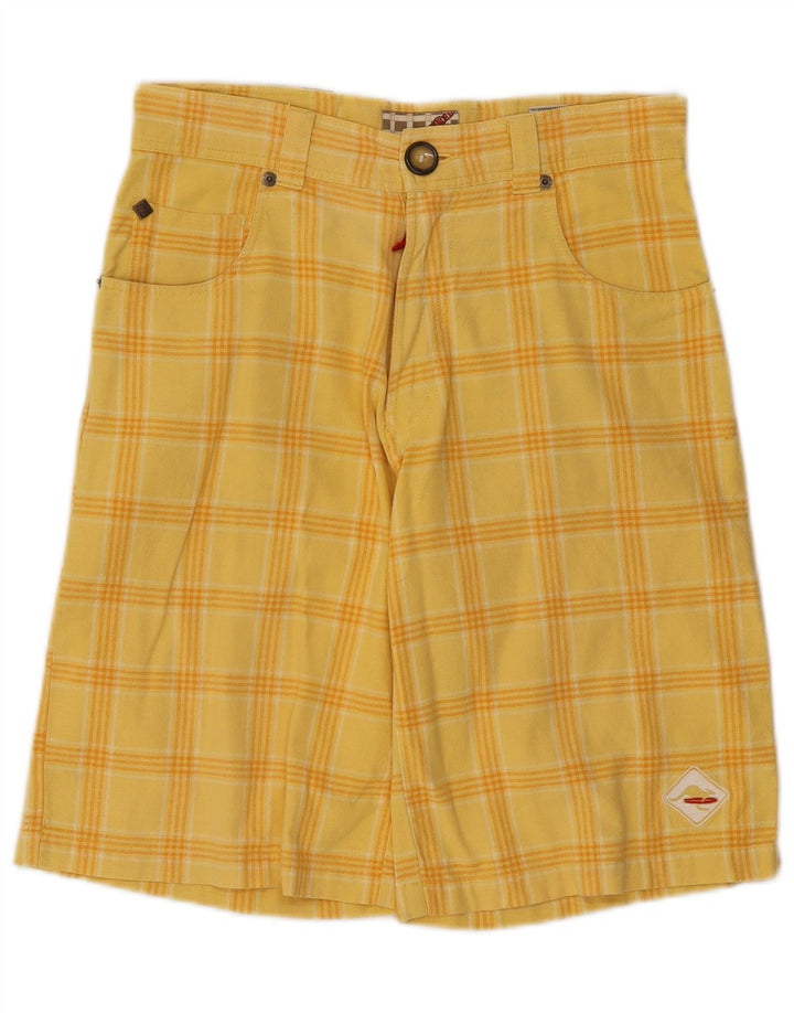 Shorts casuais femininos vintage W28 algodão xadrez amarelo médio