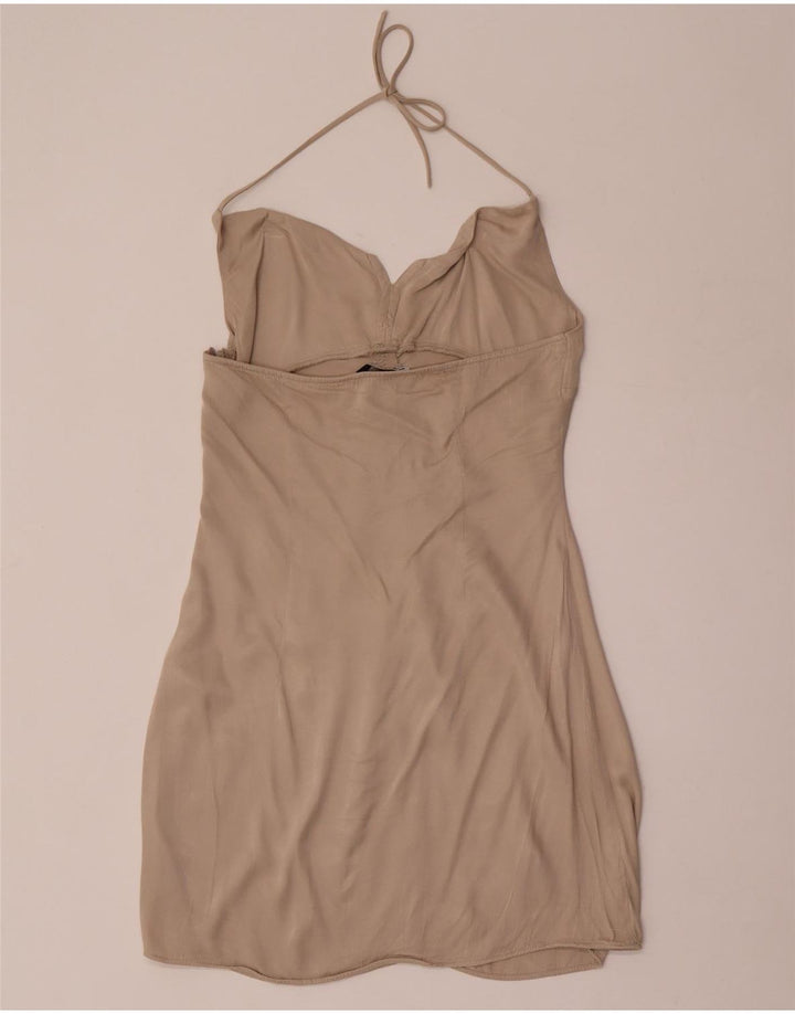 Vestido feminino Zara Halter UK 12 viscose bege médio