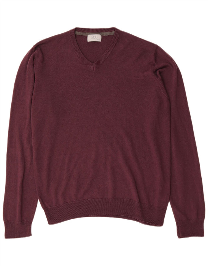 Suéter masculino Marks & Spencer com ajuste regular e decote em V, grande Borgonha