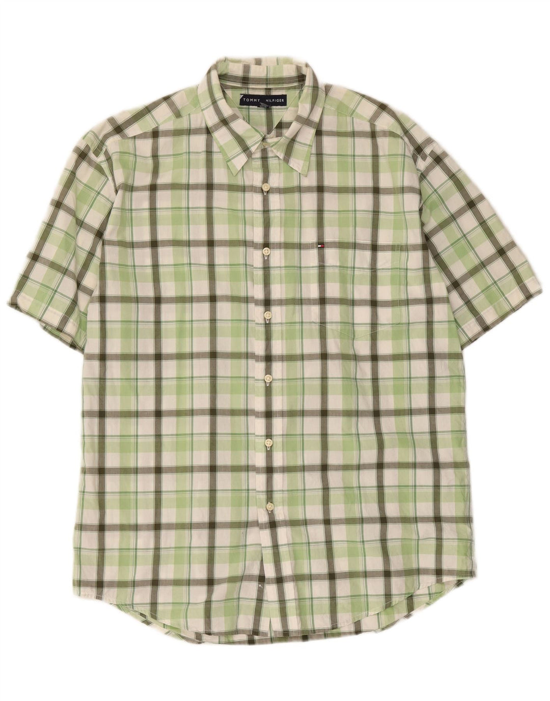 Tommy Hilfiger Camisa masculina de manga curta grande xadrez verde