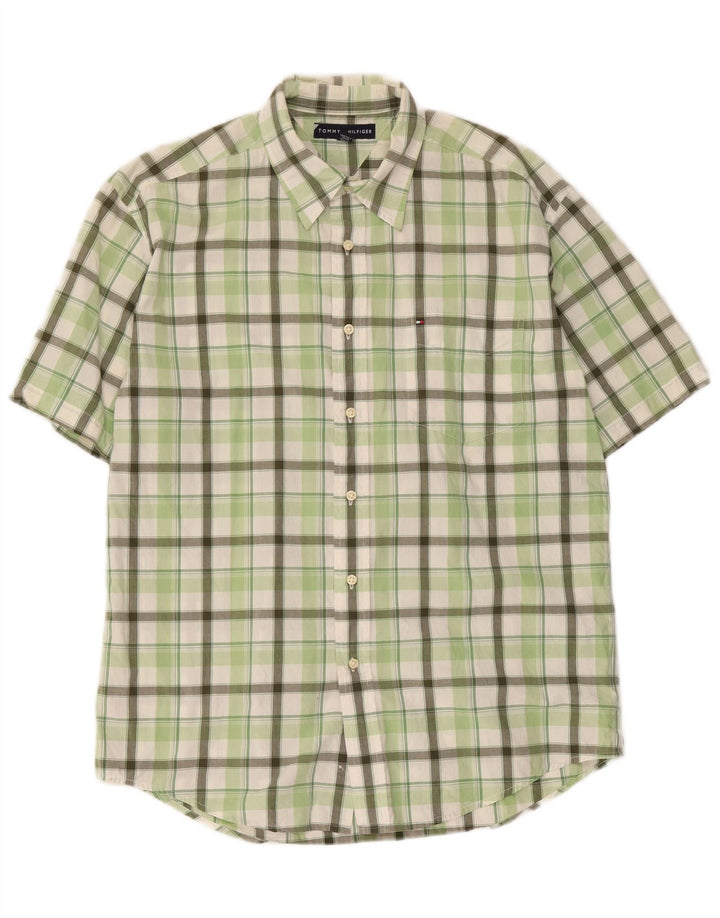 Tommy Hilfiger Camisa masculina de manga curta grande xadrez verde