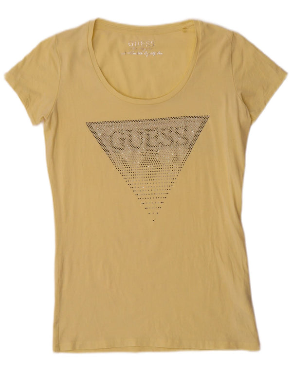 Camiseta feminina Guess com estampa gráfica UK 12 algodão amarelo médio