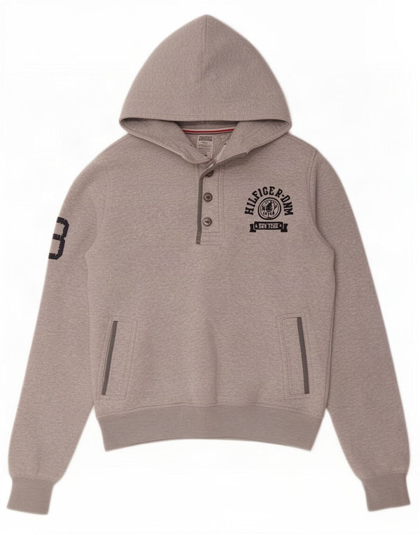 Tommy Hilfiger moletom masculino com capuz e gola com botão gráfico pequeno cinza salpicado