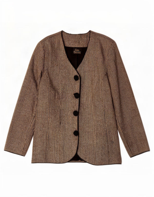 Jaqueta blazer feminina Gina Bacconi com 4 botões, Reino Unido 16, grande, dourada, risca de giz, seda