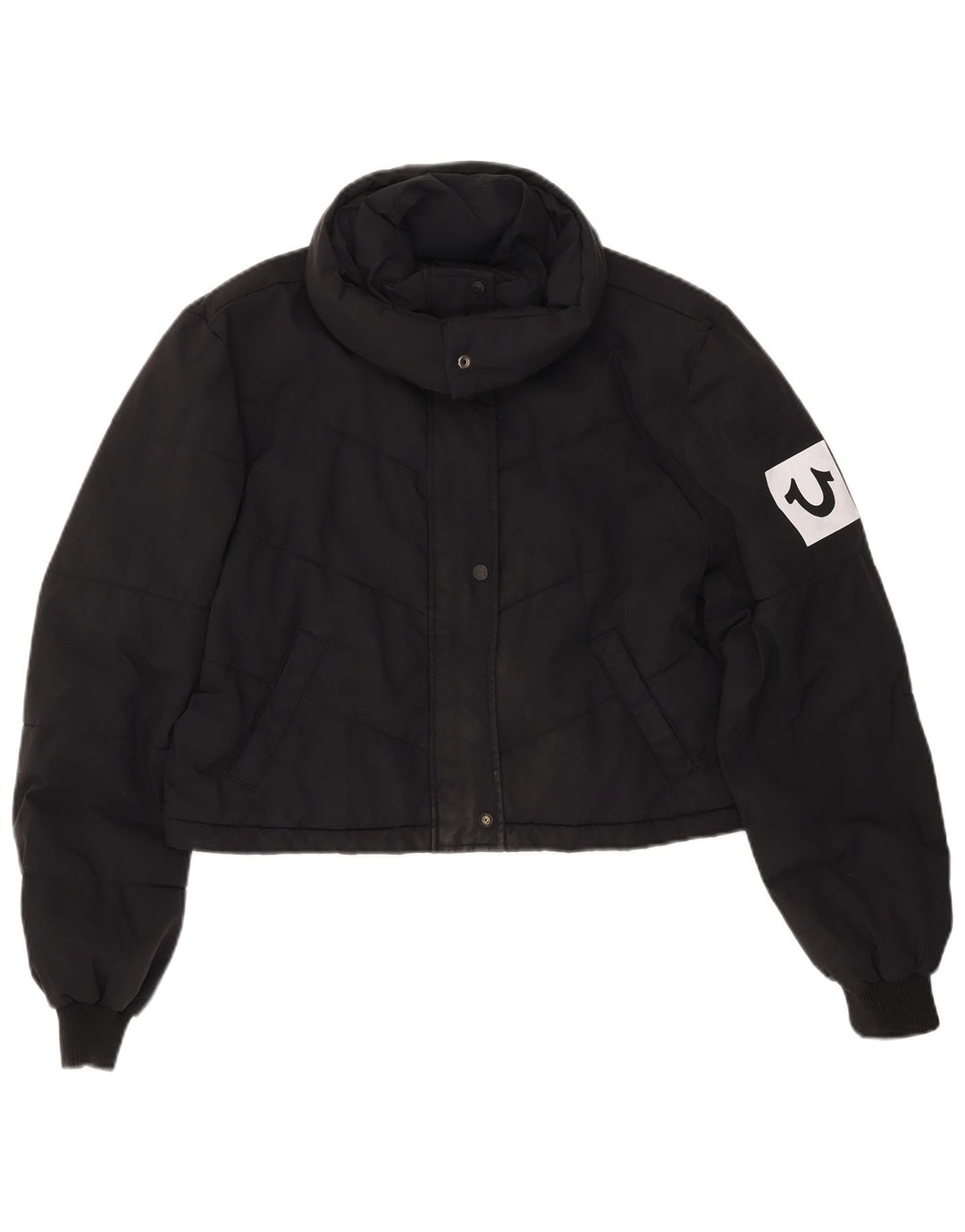 Jaqueta acolchoada feminina TRUE RELIGION UK 16 grande poliéster preto