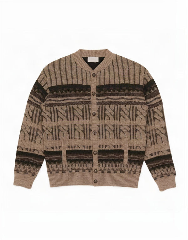 Suéter cardigã masculino vintage IT 52 grande lã geométrica marrom