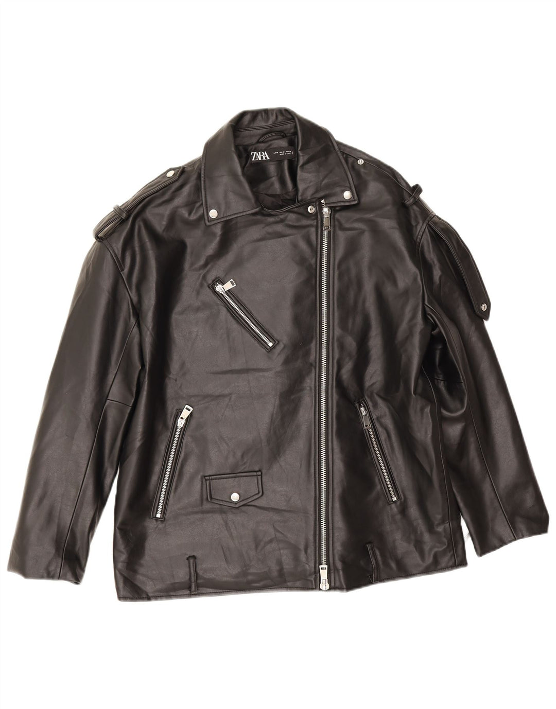 Zara Jaqueta masculina de couro sintético superdimensionada para motociclista Reino Unido 14 poliéster preto médio