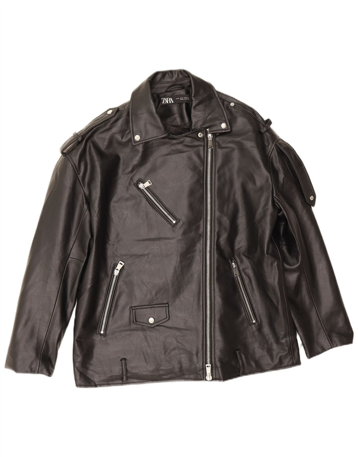 Zara Jaqueta masculina de couro sintético superdimensionada para motociclista Reino Unido 14 poliéster preto médio