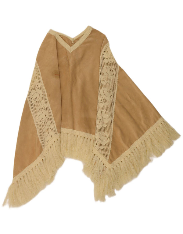 Vintage Womens Suede Poncho Jumper One Size Beige Floral Leather