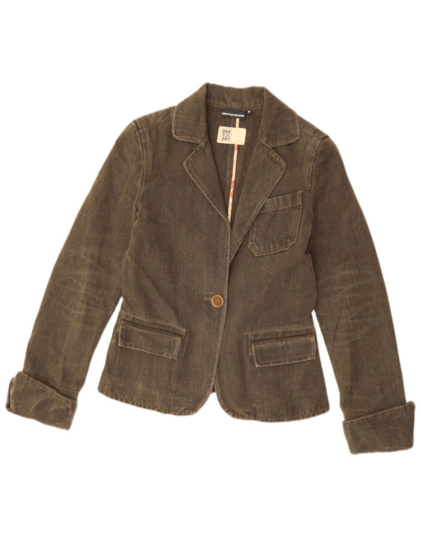 Jaqueta blazer feminina Dkny com 1 botão Reino Unido 12 algodão cáqui médio