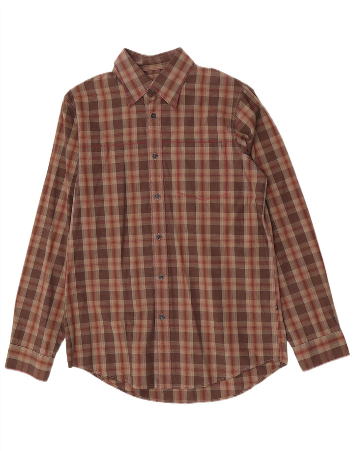 Camisa masculina Hugo Boss de algodão xadrez marrom médio